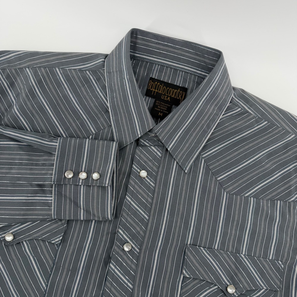 Buffalo Country Western Shirt Mens Medium Grey Striped Pearl Snap Long Sleeve